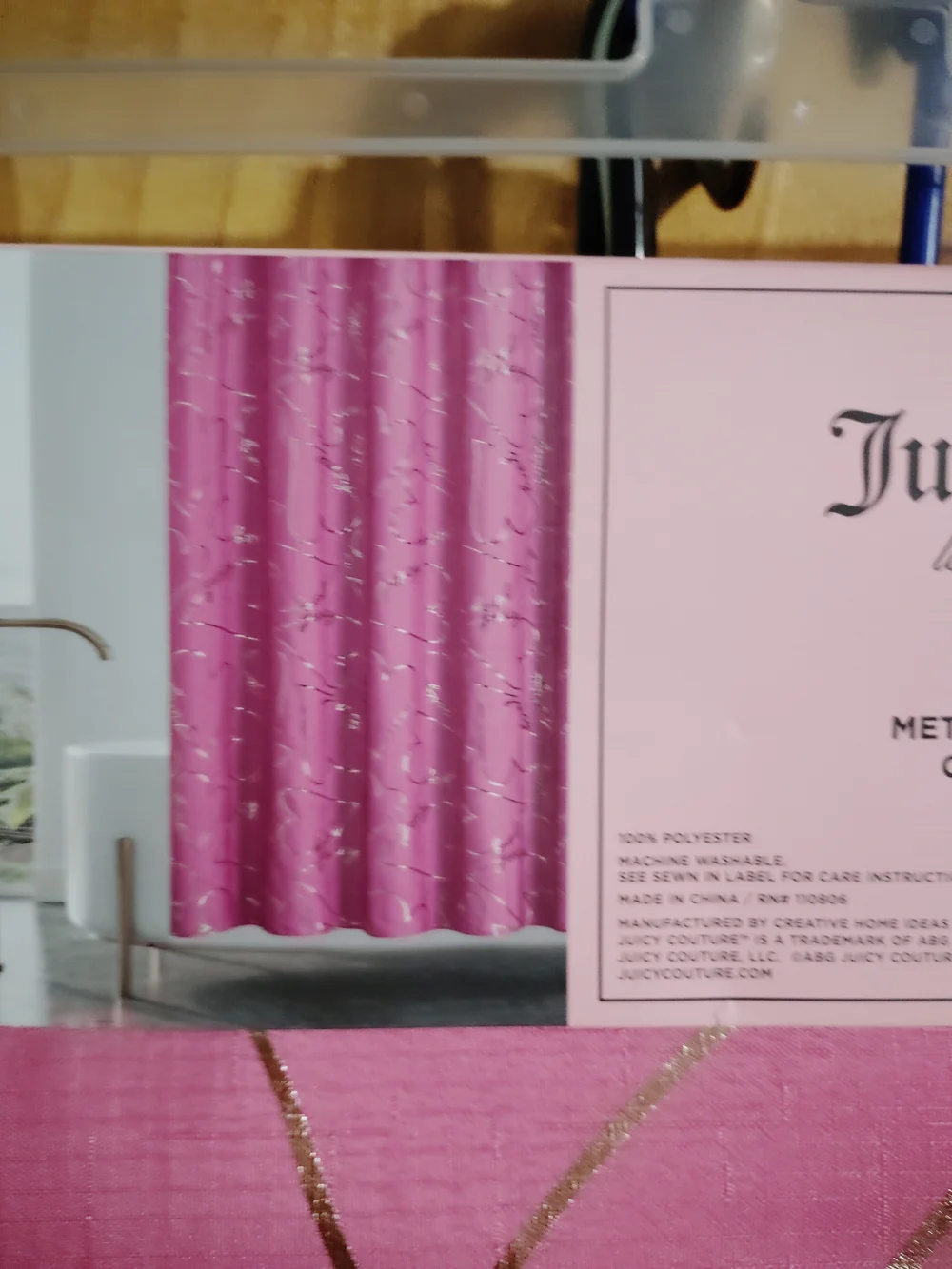 Juicy Couture Metallic Pink Shower Curtain with Hooks